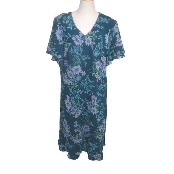 Anthony Richards Dresses & Skirts - Anthony Richards Teal Floral Chiffon Midi Dress Flutter Sleeve V-Neck 22W